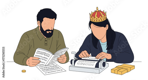 A Man and a Woman Working Together on a Royal Project Using a Typewriter