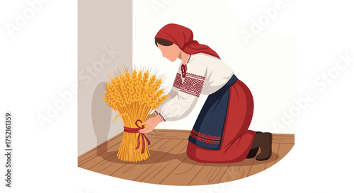 Traditional Ukrainian Woman Tying Sheaf of Wheat Harvest Festival Celebration