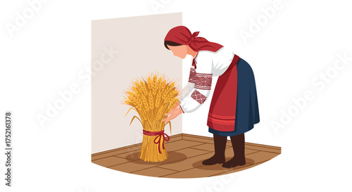 Harvesting wheat in traditional folk costume celebrating agriculture and rural life