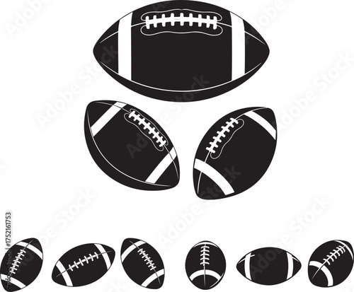  American football player silhouette vector illustration. Black sport athlete icon logo design set, isolated on white background. Perfect for team branding and sports graphics.