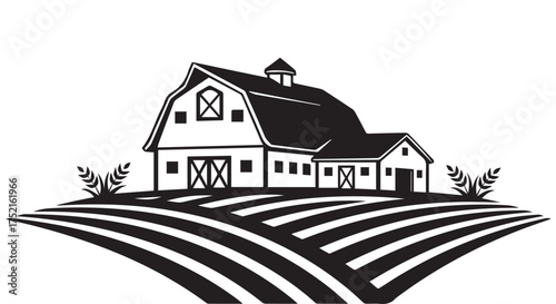 Black and white illustration of a barn on a farm with fields isolated on transparent background