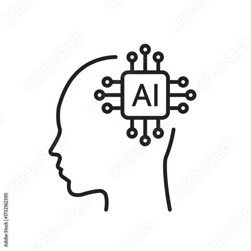 Human head silhouette with AI chip processor. AI logotype. Artificial intelligence concept. Machine learning, cyborg, robotic, and future technology. Icon element for app and web. Vector illustration.