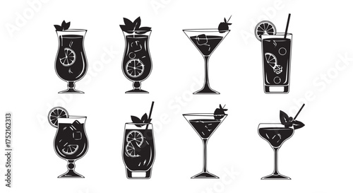 Collection of eight steampunk cocktail glasses with garnishes, isolated on transparent background