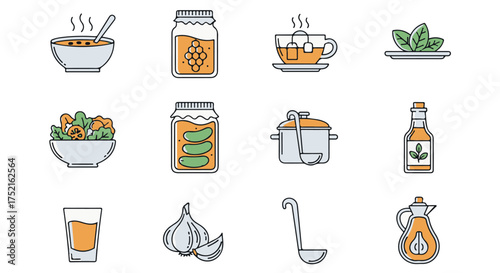Collection of food and drink icons isolated on transparent background