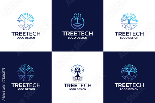 Set of digital tree tech logo design