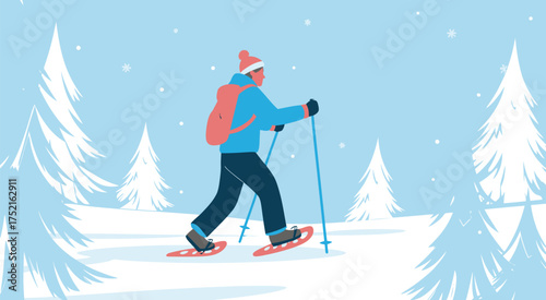 Winter landscape with man snowshoeing among snow covered trees during gentle snowfall in nature