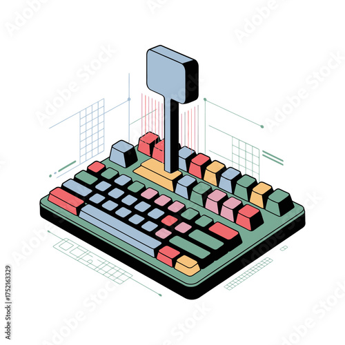 Mechanical keyboard concept, switch keys and cables, data charts rising, professional gaming setup illustration, clean vector design
