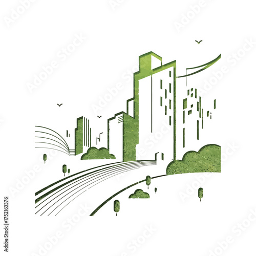 Green cityscape illustration with eco-friendly buildings, trees, birds, and curved roads symbolizing sustainable urban development