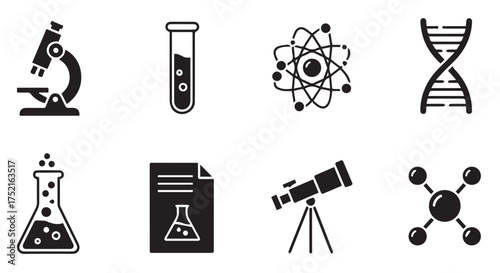 Scientific icons depicting laboratory equipment, molecular structures, and research tools isolated on transparent background