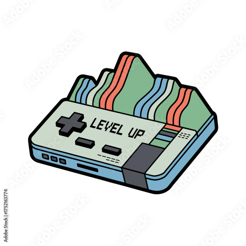 handheld console graphic, level up message, rainbow mountain stripes, retro gadget illustration, upbeat gaming mood, colorful vector