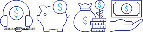 Piggy bank icon, a money bag icon, a money icon, a wallet icon, a hand icon, a dollar sign icon, icon set, minimal flat design, vector illustration