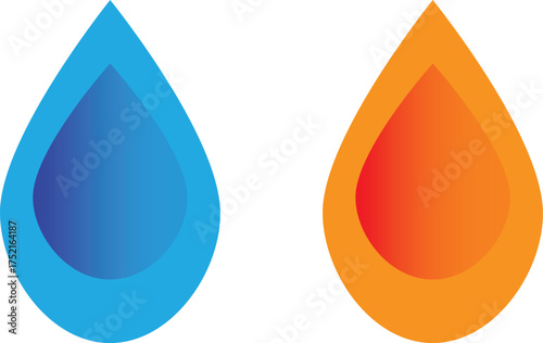Simple Blue Water Drop and Orange Fire Drop Vector Icons for Heat and Cold