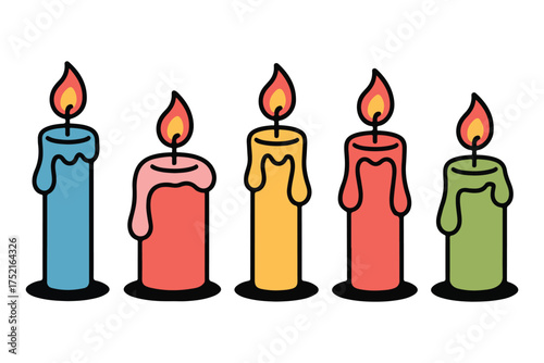 Colorful burning candle set illustration with melting wax and flame on white background
