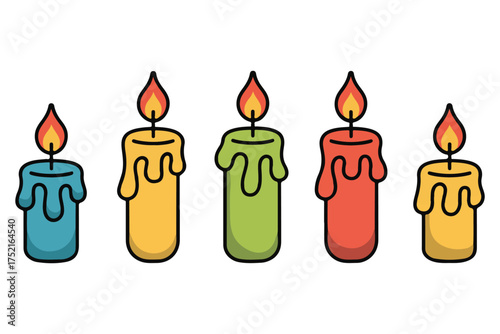 Colorful burning candle set illustration with melting wax and flame on white background
