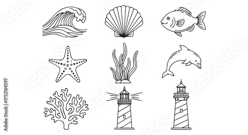 Set of handdrawn marine life and coastal elements icons isolated on transparent background