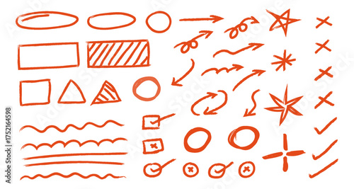 Collection of hand drawn orange marker doodles including shapes arrows checkmarks crosses and wavy lines on white background