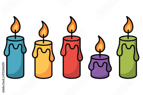 Colorful burning candle set illustration with melting wax and flame on white background
