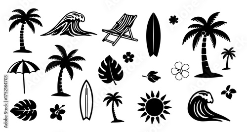 Collection of black silhouette tropical beach elements including palm trees surfboards waves and beach chair
