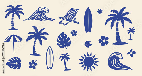 Collection of blue silhouette tropical beach elements including palm trees surfboards waves and sun on beige background