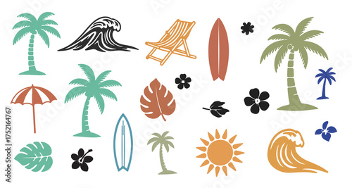 Vibrant tropical beach elements collection featuring palm trees surfboards waves sun and beach chair