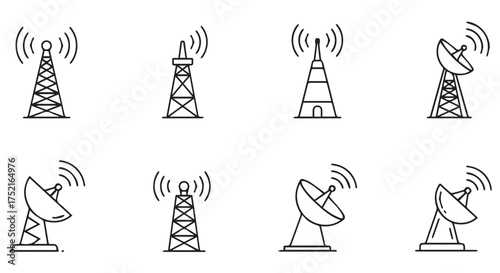 Various communication towers and satellite dishes isolated on transparent background