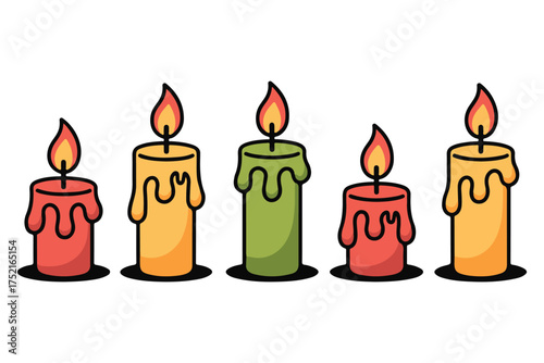 Colorful burning candle set illustration with melting wax and flame on white background
