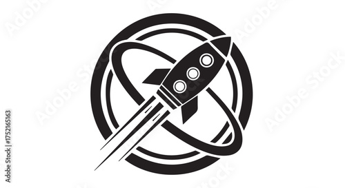 Stylized rocket ship emblem with orbital rings isolated on transparent background