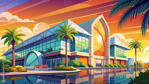 Very beautiful Orange County Convention Center in Orlando, Florida, with modern glass architecture, palm trees, and vibrant reflections under the bright tropical sunlight.
