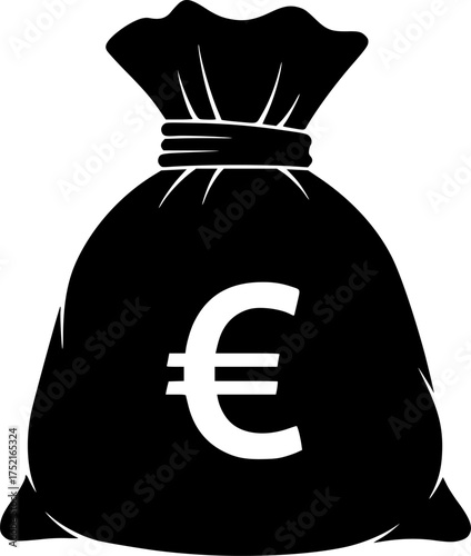 Money bag silhouette. This image showcases a black silhouette of a classic money bag tied with a cord and marked with a currency symbol. Vector illustration black clipart design