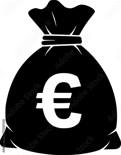 Money bag silhouette. This image showcases a black silhouette of a classic money bag tied with a cord and marked with a currency symbol. Vector illustration black clipart design