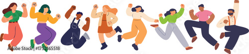 Flat vector lineup of diverse adults jumping with raised fists, joyful celebration concept for success, achievement, motivation, team spirit, and modern lifestyle or business designs.