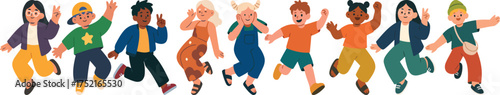 Playful flat vector of diverse children jumping with peace signs and cheerful poses, modern outfits and sneakers; lively group scene for school posters, youth activities, and educational designs.