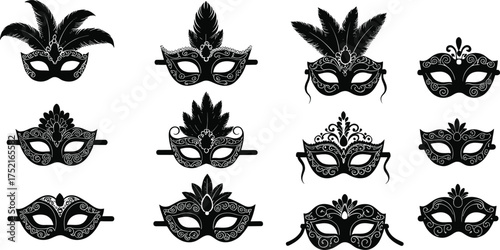 Elegant masquerade masks collection, black and white carnival mask set, ornate Venetian party disguise, decorative costume accessories, mysterious festival celebrationElegant masquerade