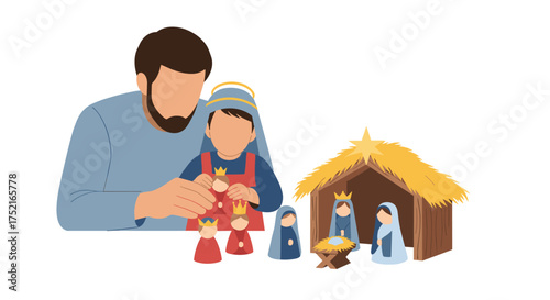 Father and Child Building a Nativity Scene Together During the Holidays