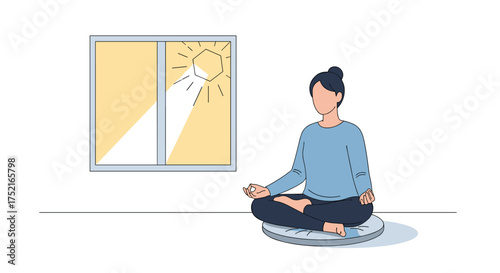 Woman Meditating Peaceful Morning Sunlight Streams Through Window