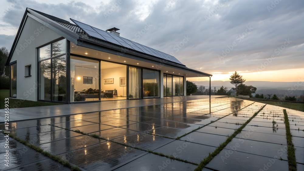 Obraz premium Modern eco house with solar panels reflecting sunset light after rain symbolizing sustainable living renewable energy and environmental innovation