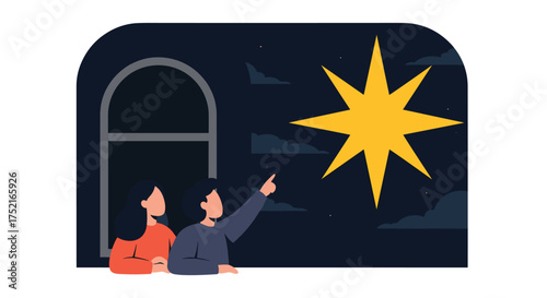 Couple Gazing At A Bright Shining Star In The Night Sky
