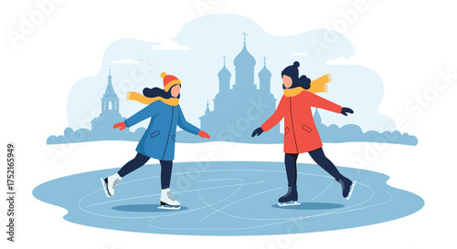 Two young girls enjoying a delightful ice skating session in a scenic winter landscape with cityscape in the background