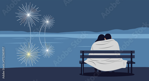 Couple Sharing a Blanket Watching Fireworks Over the Water