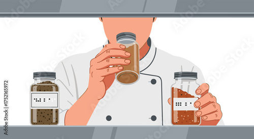 Chef Examining Spice Jars Flavor and Aroma for Culinary Creations