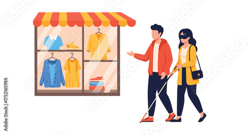 Guide Assists Visually Impaired Person Shopping Near Apparel Store