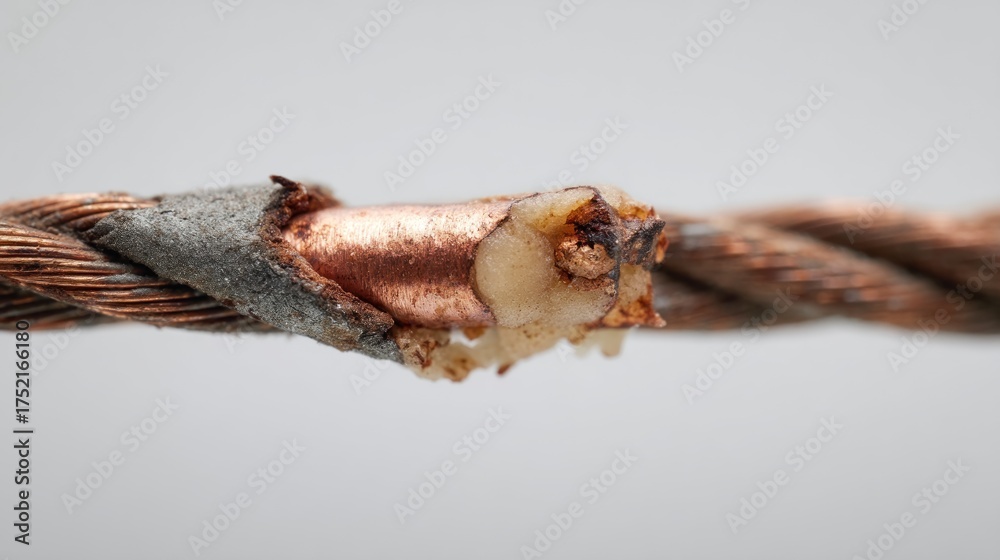 Obraz premium A close-up shows a damaged cable end, with exposed copper wires emerging from a frayed, protective outer layer. The background is a plain white