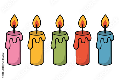 Colorful burning candle set illustration with melting wax and flame on white background
