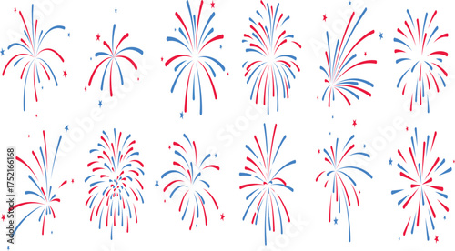 Firework explosions design set. Celebrate with this  collection of festive fireworks with red and blue colors. A perfect icon set for events
