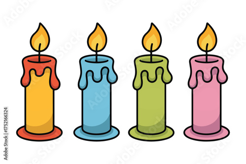 Colorful burning candle set illustration with melting wax and flame on white background
