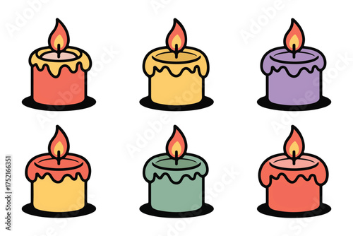 Colorful burning candle set illustration with melting wax and flame on white background
