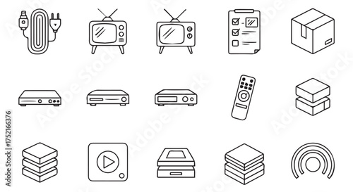 Assortment of electronic device and media icons isolated on transparent background
