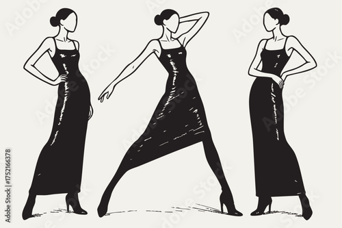 black hand drawn line sketch illustration of three fashion woman wearing black long leather dress
