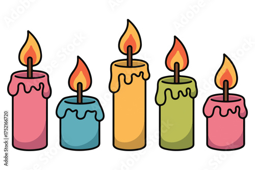 Colorful burning candle set illustration with melting wax and flame on white background
