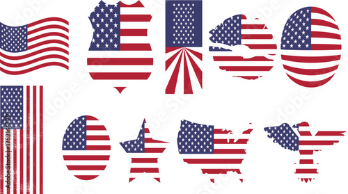 Collection of American flag graphic representing the United States of America in various shapes and forms, perfect for patriotic and national themes, featuring diverse designs